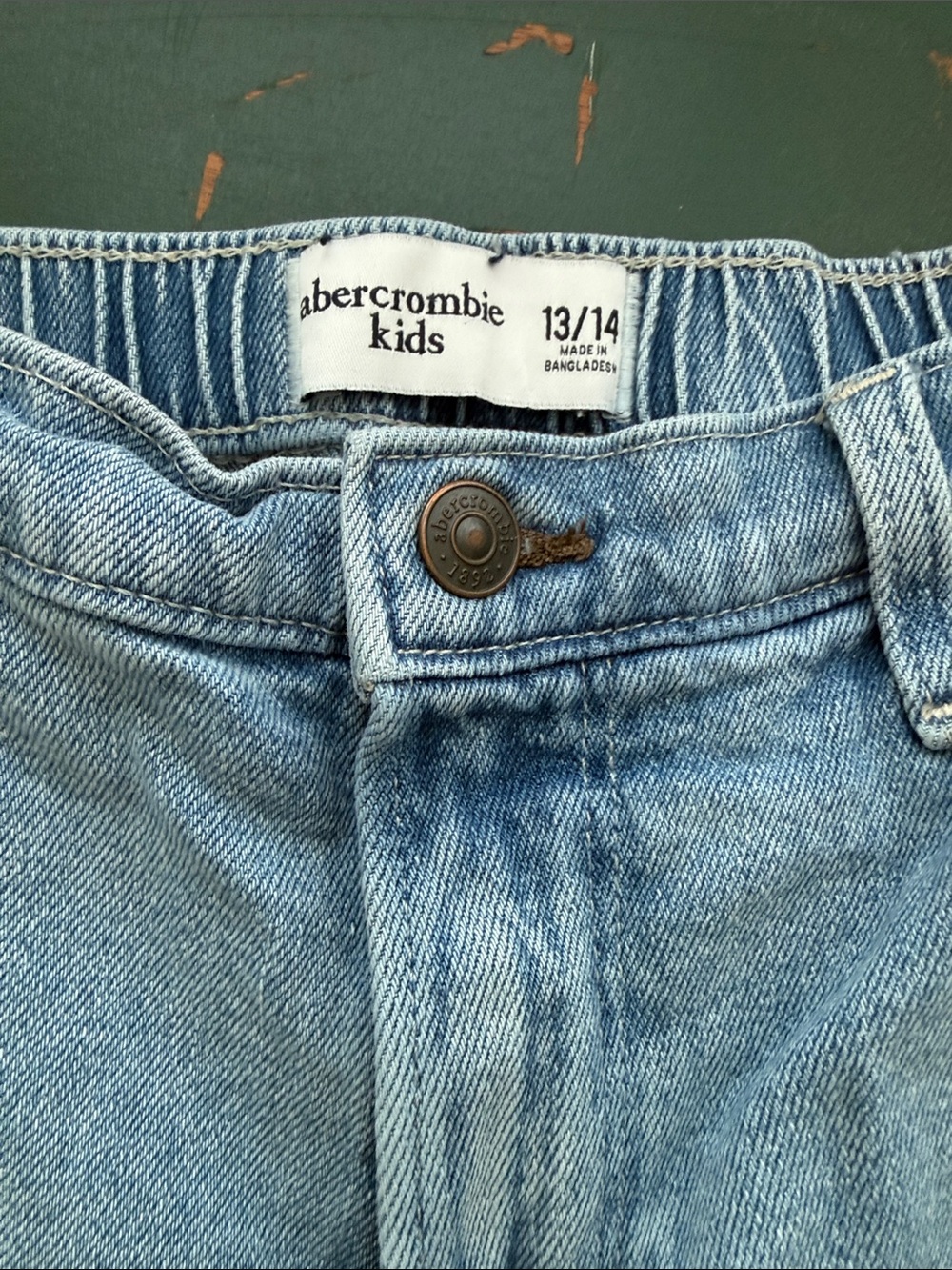abercrombie kids light blue denim jeans with branded button